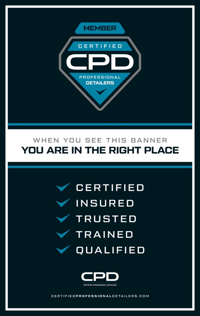 banner for certified professional detailers featuring a badge and listing credentials: certified, insured, trusted, trained, and qualified, with the phrase "you are in the right place.