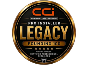 circular badge with “ceramic coatings inc. pro installer legacy founding 100” text, gold border, five stars, and “certified professional detailers” label at bottom.