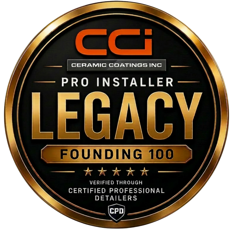 circular badge with “ceramic coatings inc,” “pro installer legacy founding 100,” five stars, and “verified through certified professional detailers” text on a black and gold background.