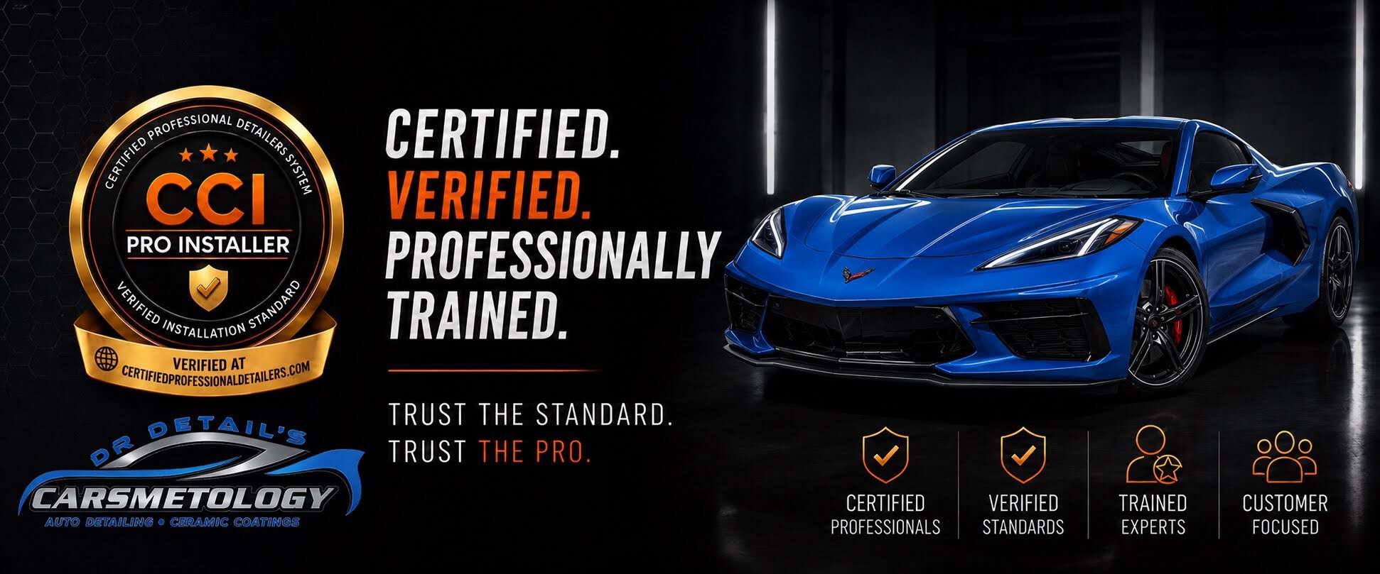 a blue sports car in a garage with text promoting certified, verified, professional car detailing and ceramic coating services. icons highlight certified pros, verified standards, experts, and customer focus.